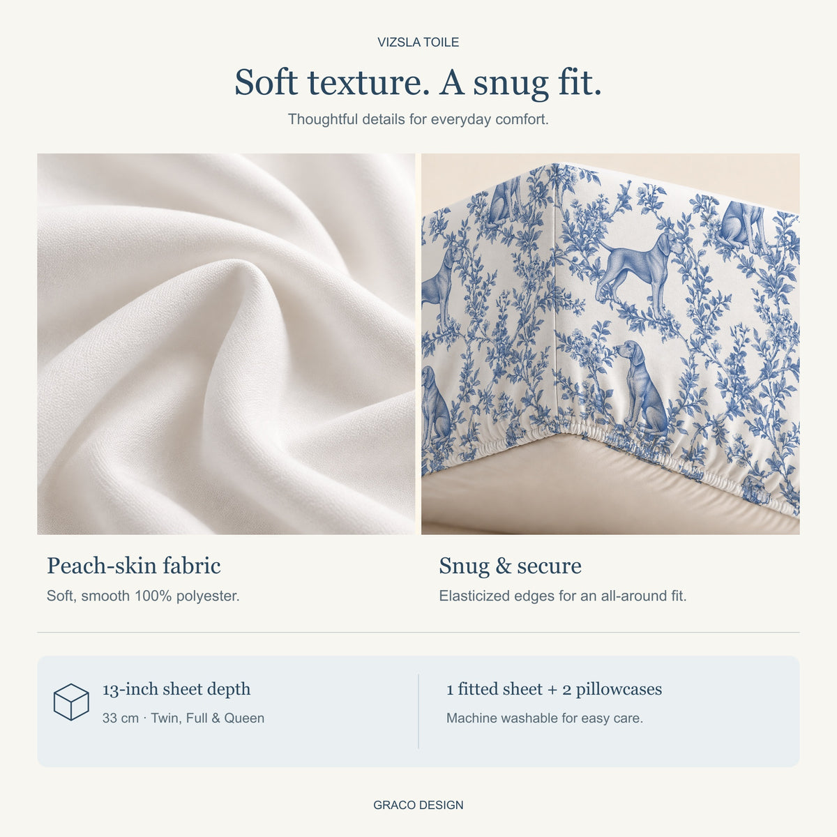 Vizsla toile bedding — peach-skin fabric and gathered elastic hem detail