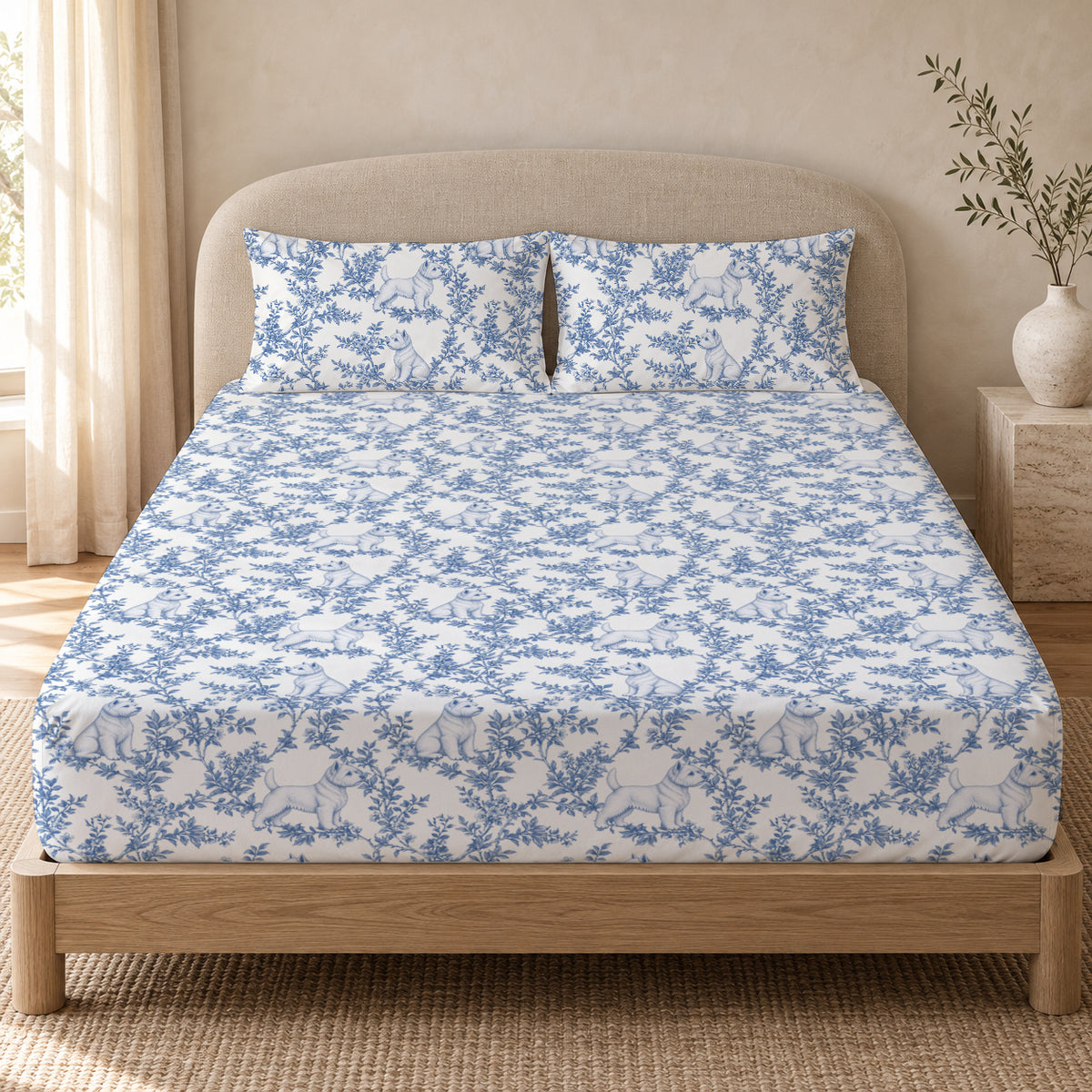 West Highland White Terrier toile bedding in Blue — Queen Bedroom