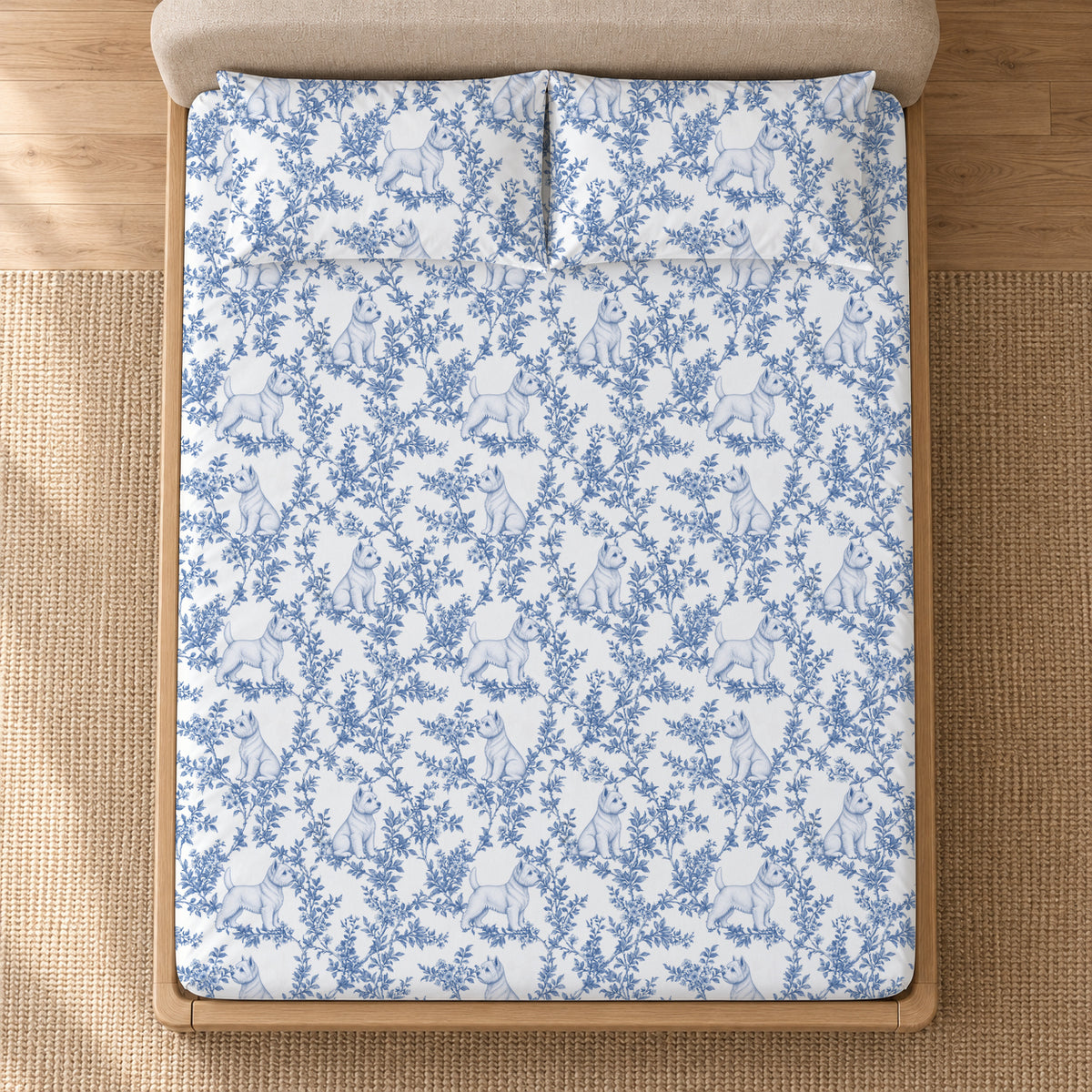 West Highland White Terrier toile bedding in Blue — Overhead