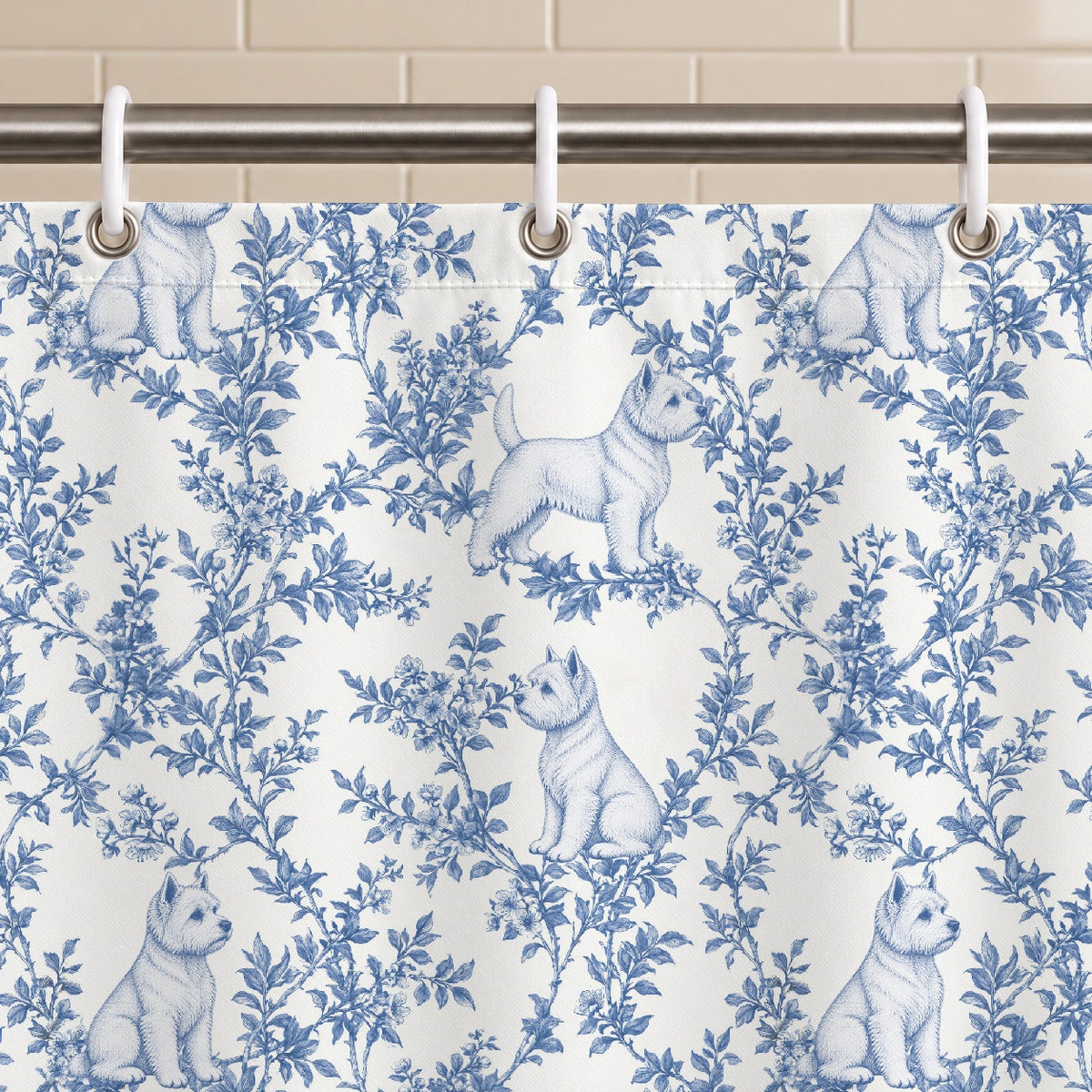 West Highland White Terrier toile shower curtain — Blue Grommets and Hooks