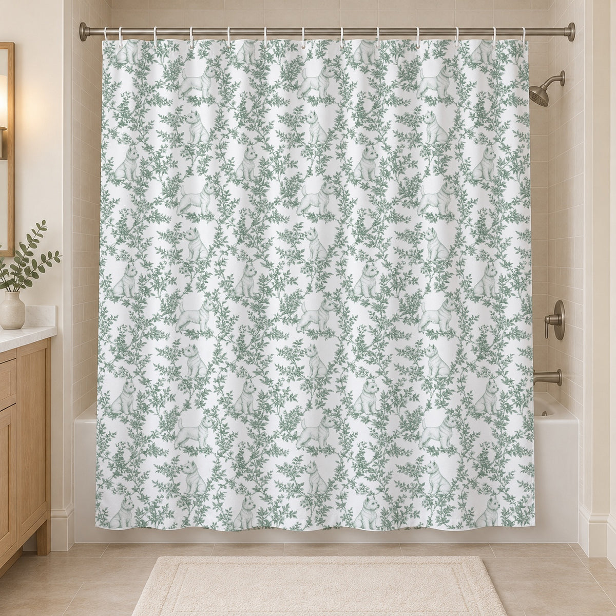 West Highland White Terrier toile shower curtain — Green Hero