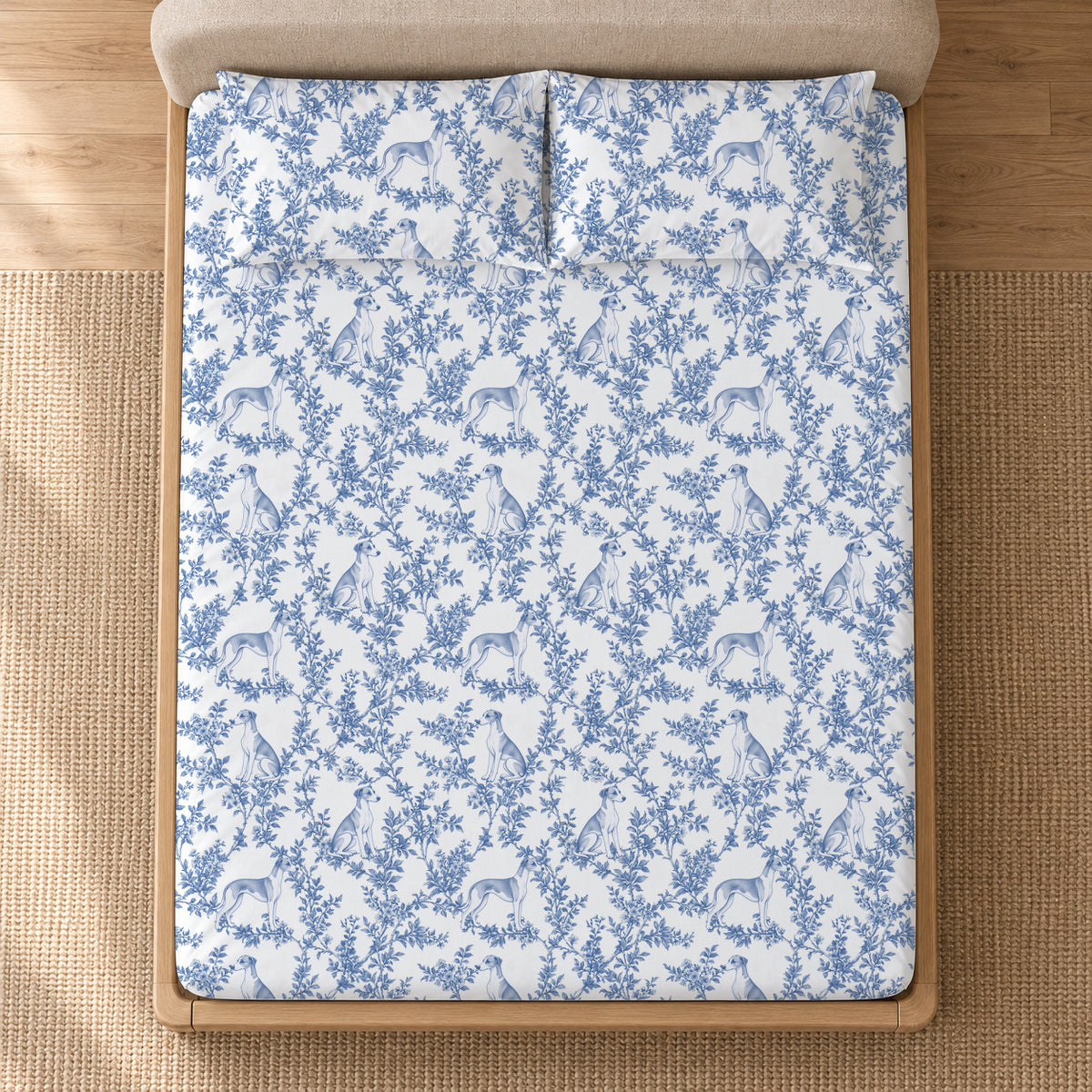 Whippet toile bedding in Blue — Overhead
