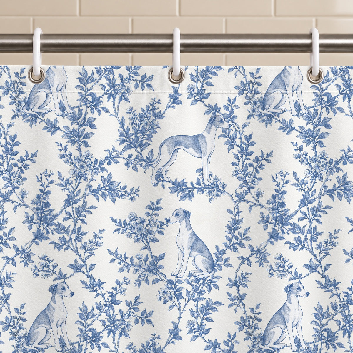 Whippet toile shower curtain — Blue Grommets and Hooks