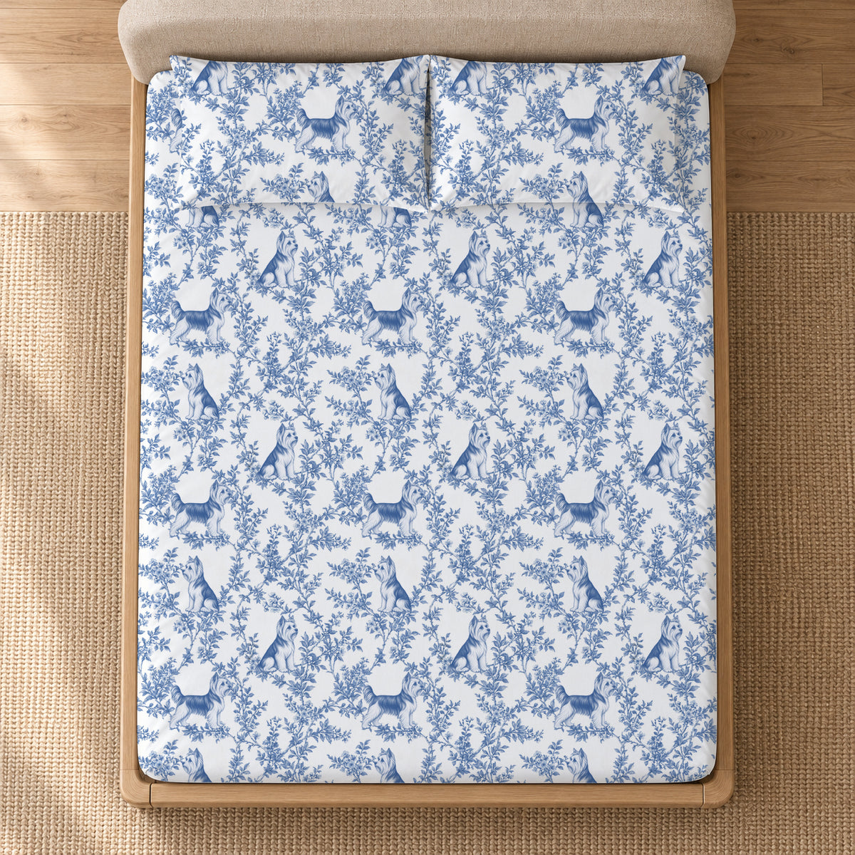 Yorkshire Terrier toile bedding in Blue — Overhead