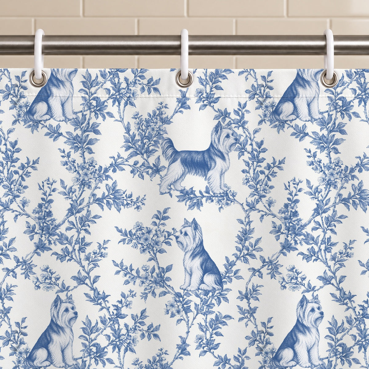 Yorkshire Terrier toile shower curtain — Blue Grommets and Hooks