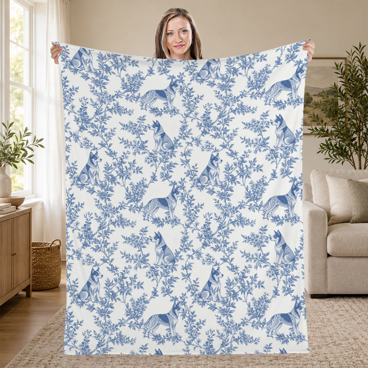 Australian Cattle Dog toile de Jouy blanket - Blue Blanket Held Living Room