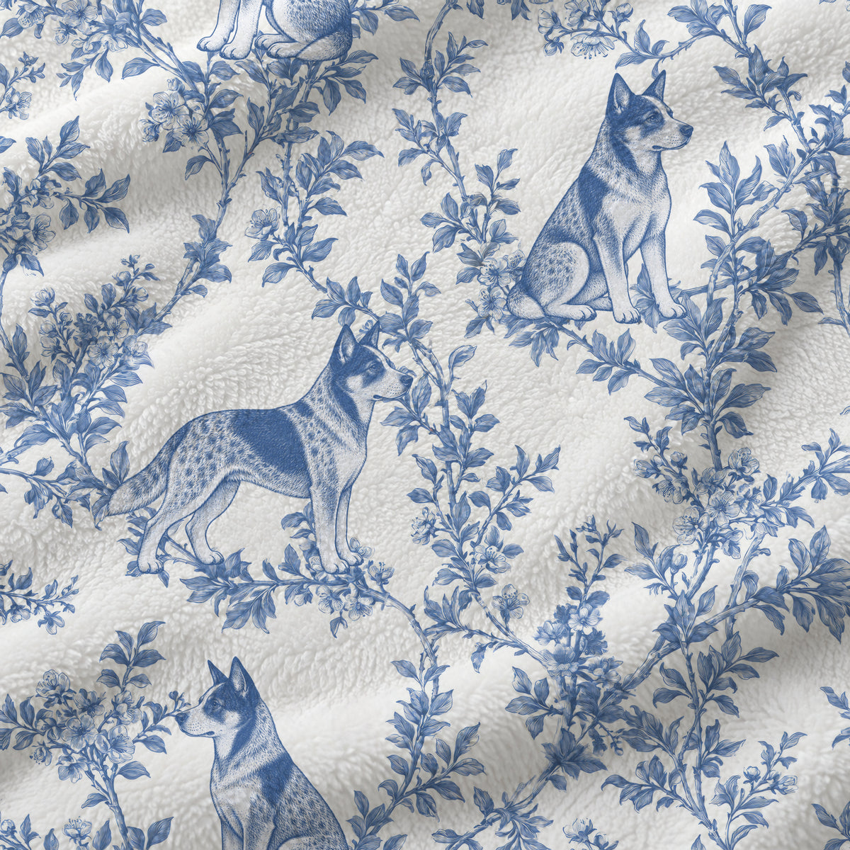 Australian Cattle Dog toile de Jouy blanket - Blue Blanket Fabric Closeup