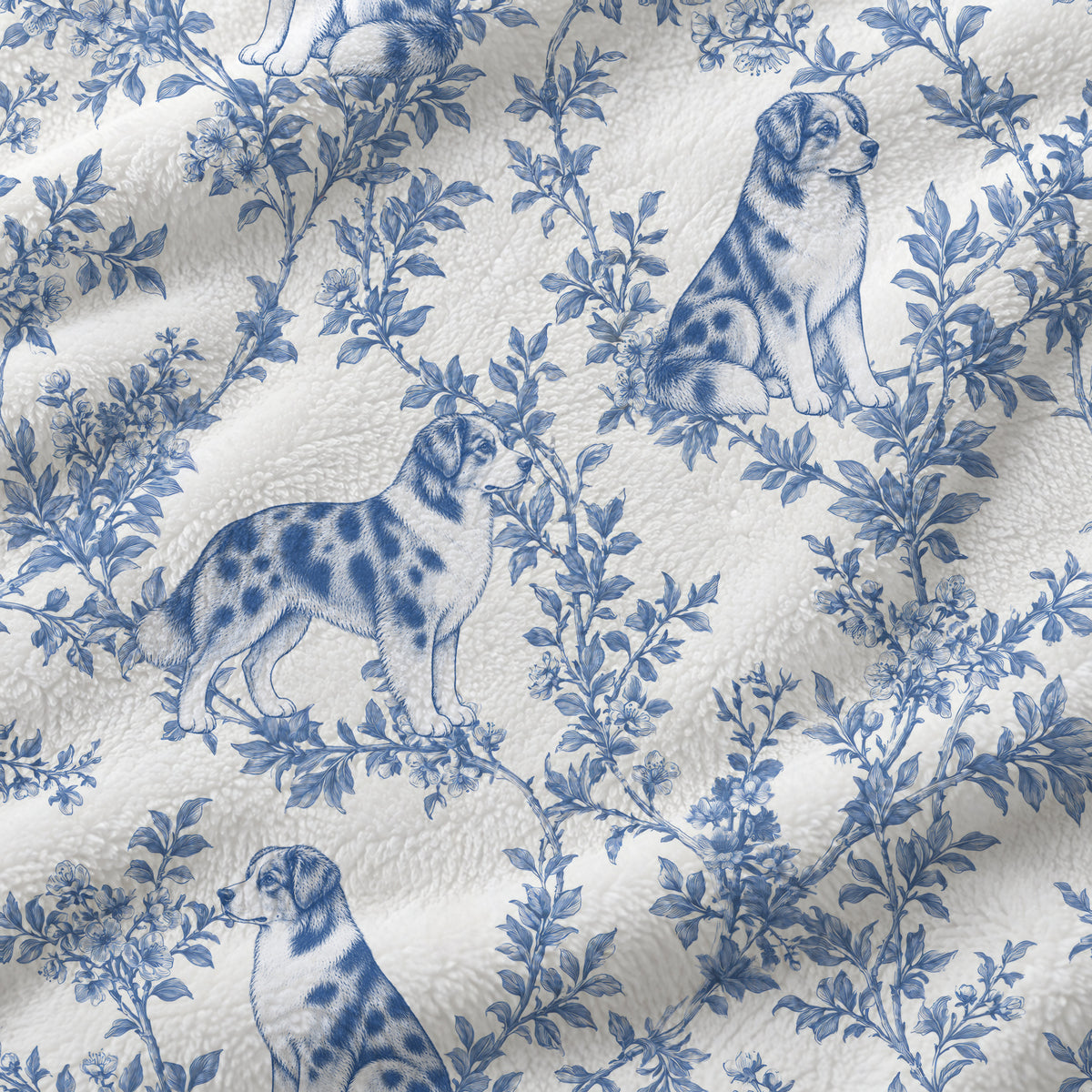 Australian Shepherd toile de Jouy blanket - Blue Blanket Fabric Closeup