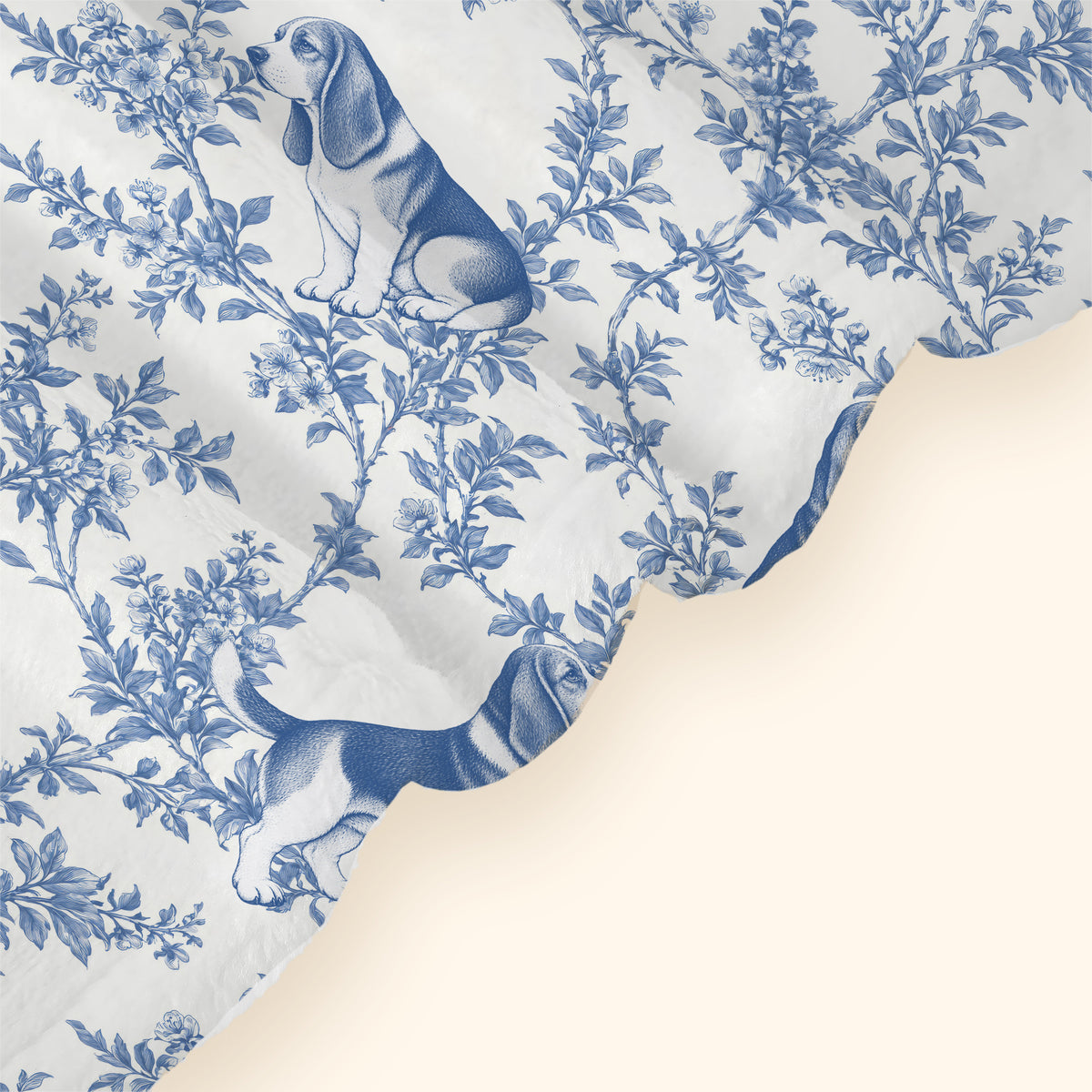 Basset Hound toile de Jouy blanket - Blue Blanket Hem Closeup