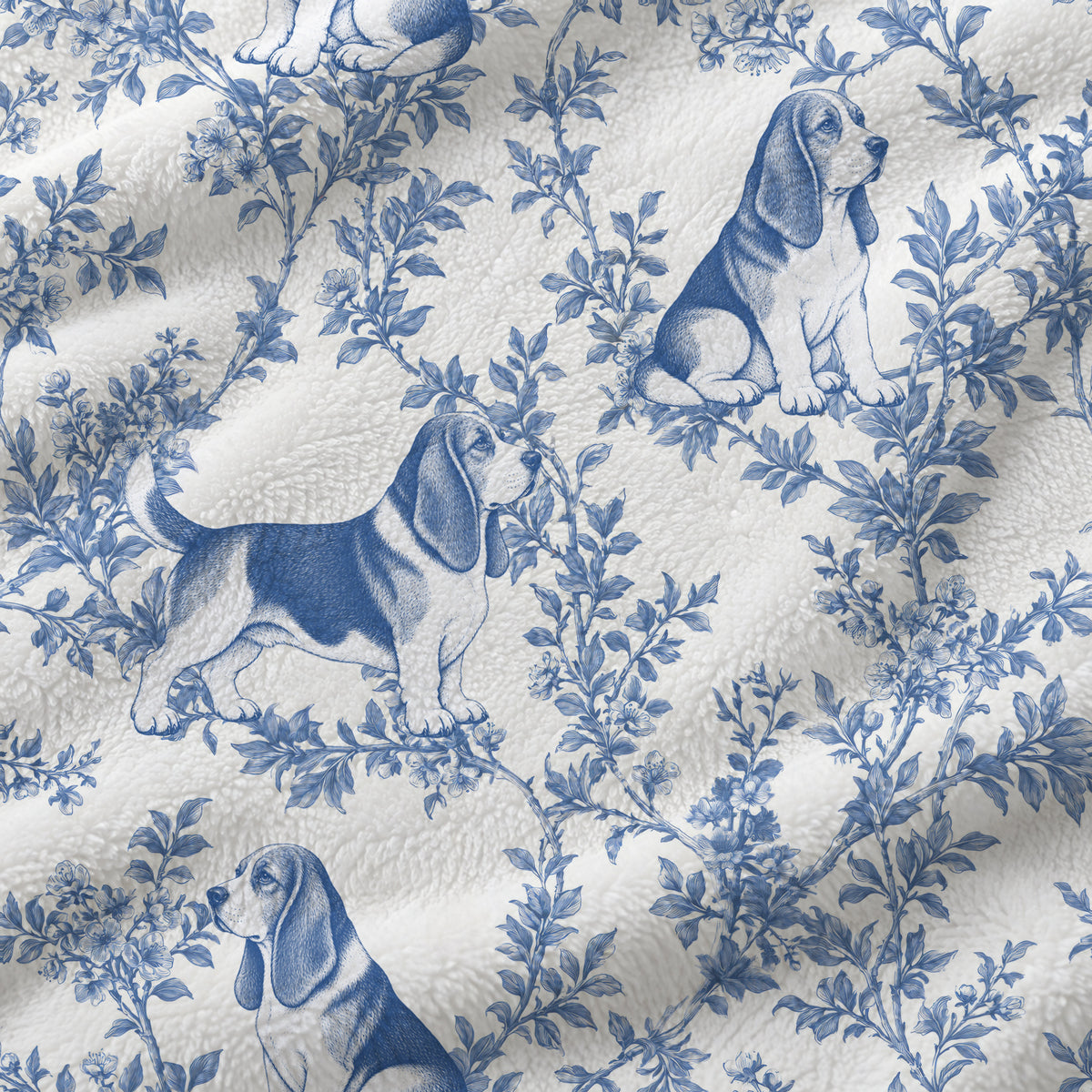 Basset Hound toile de Jouy blanket - Blue Blanket Fabric Closeup