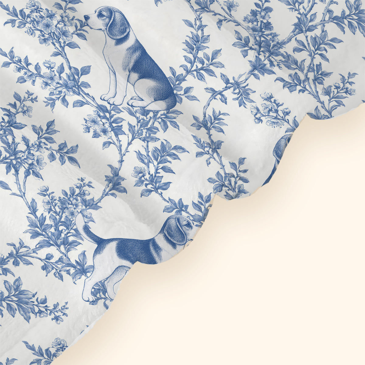 Beagle toile de Jouy blanket - Blue Blanket Hem Closeup