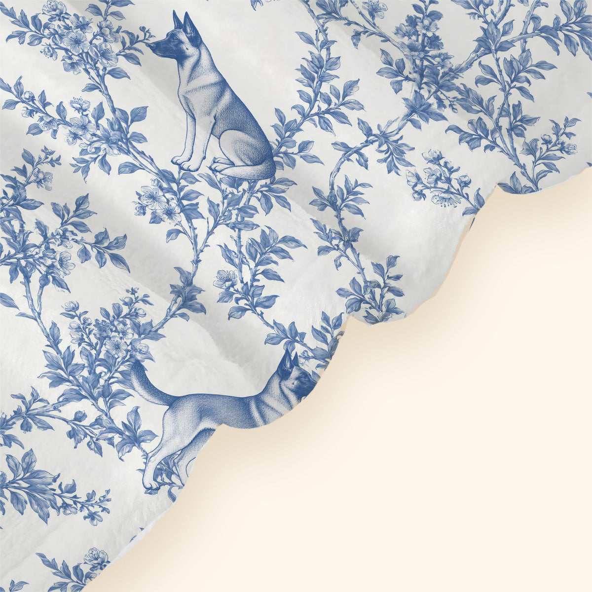 Belgian Malinois toile de Jouy blanket - Blue Blanket Hem Closeup