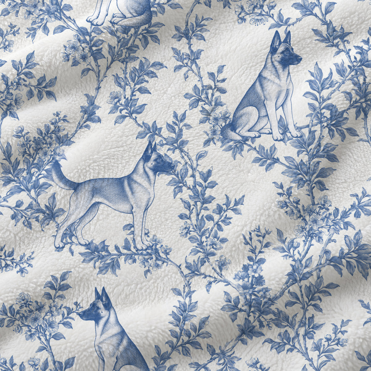 Belgian Malinois toile de Jouy blanket - Blue Blanket Fabric Closeup