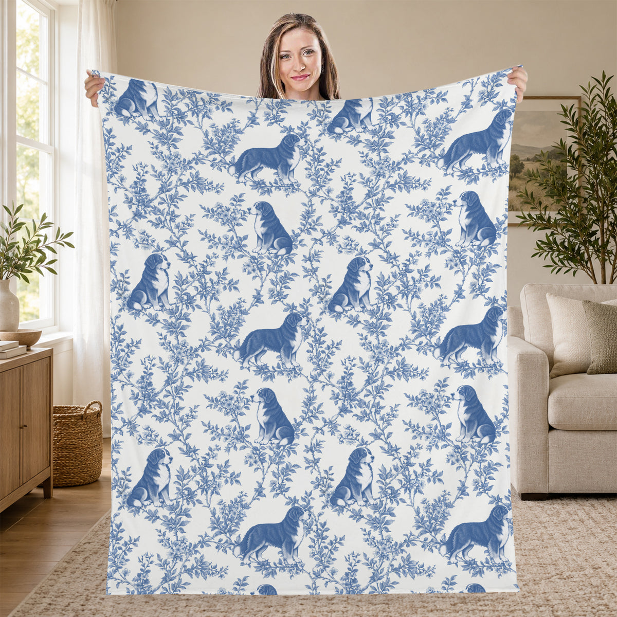 Bernese Mountain Dog toile de Jouy blanket - Blue Blanket Held Living Room