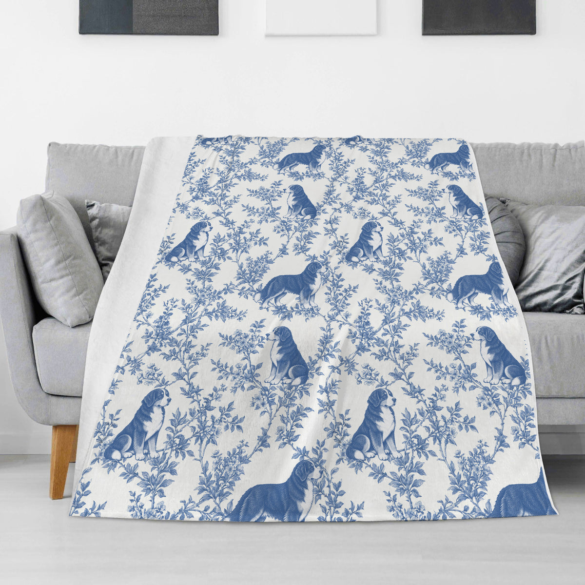 Bernese Mountain Dog toile de Jouy blanket - Blue Blanket Sofa