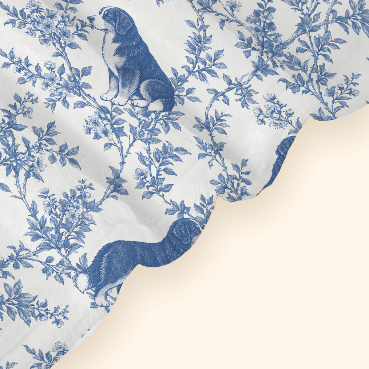 Bernese Mountain Dog toile de Jouy blanket - Blue Blanket Hem Closeup