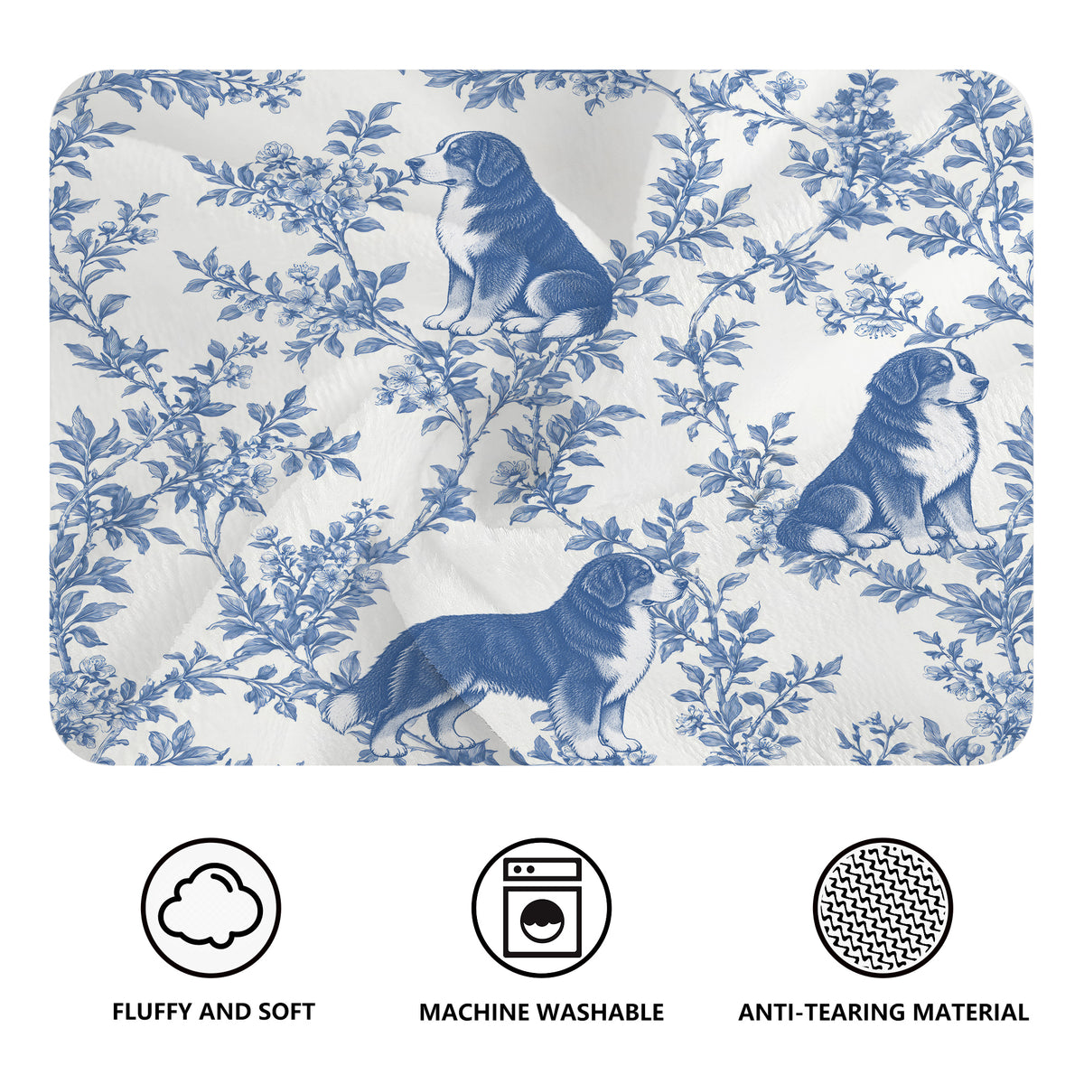 Bernese Mountain Dog toile de Jouy blanket - Blue Blanket Features