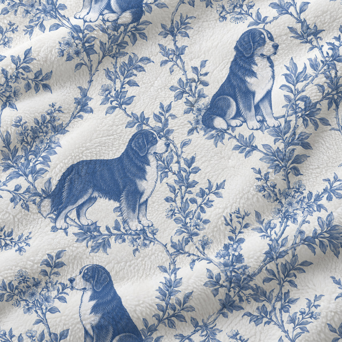 Bernese Mountain Dog toile de Jouy blanket - Blue Blanket Fabric Closeup