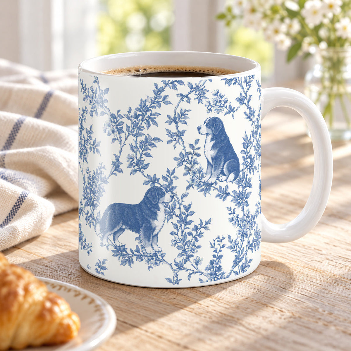 Bernese Mountain Dog toile mug — Blue Lifestyle