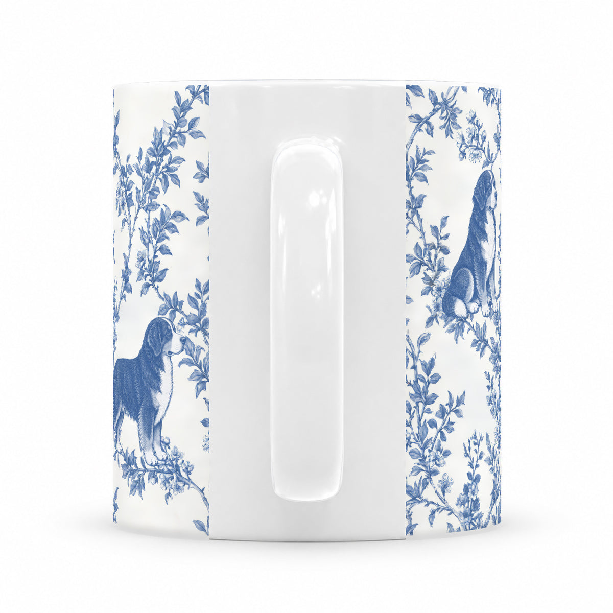 Bernese Mountain Dog toile mug — Blue Handle View