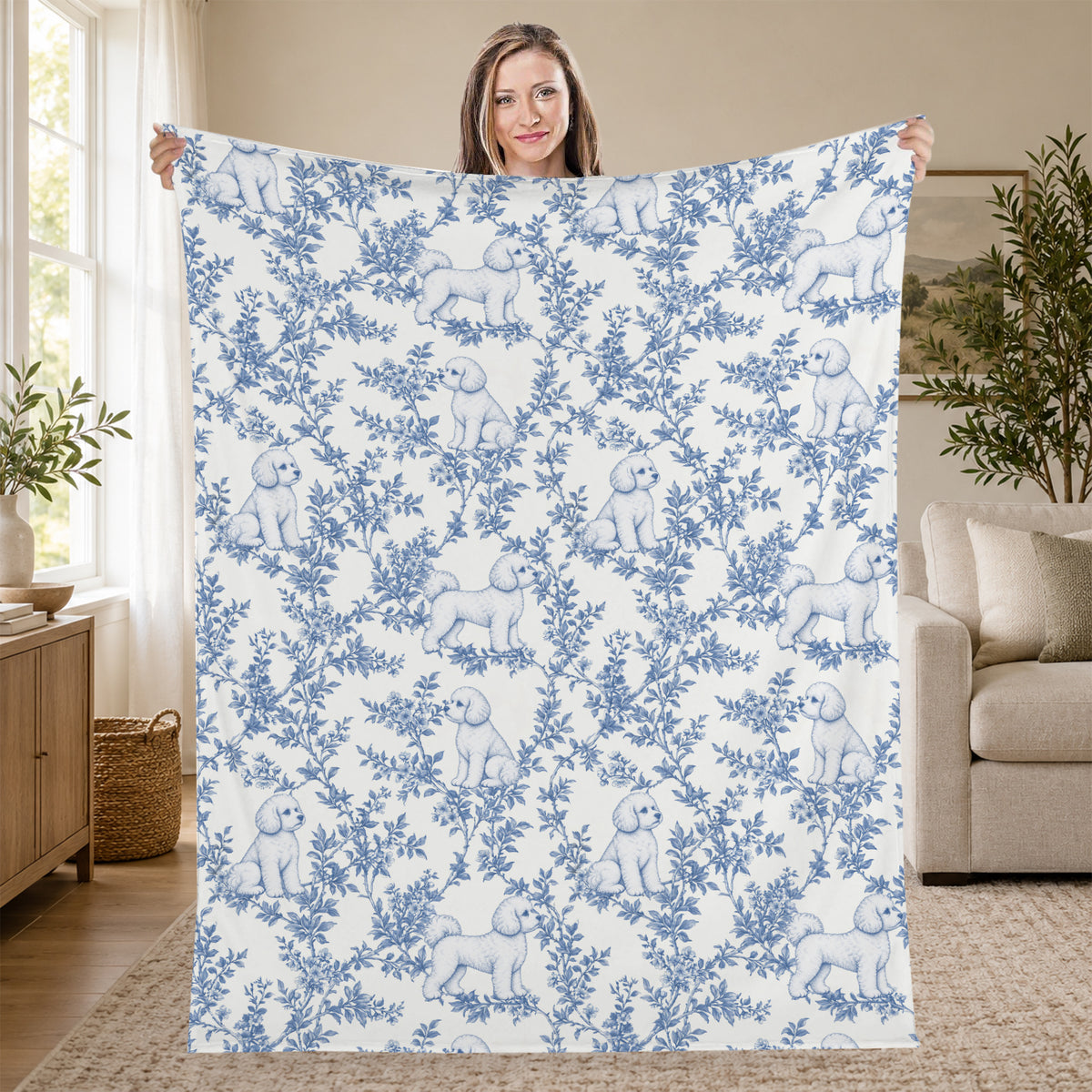 Bichon Frise toile de Jouy blanket - Blue Blanket Held Living Room