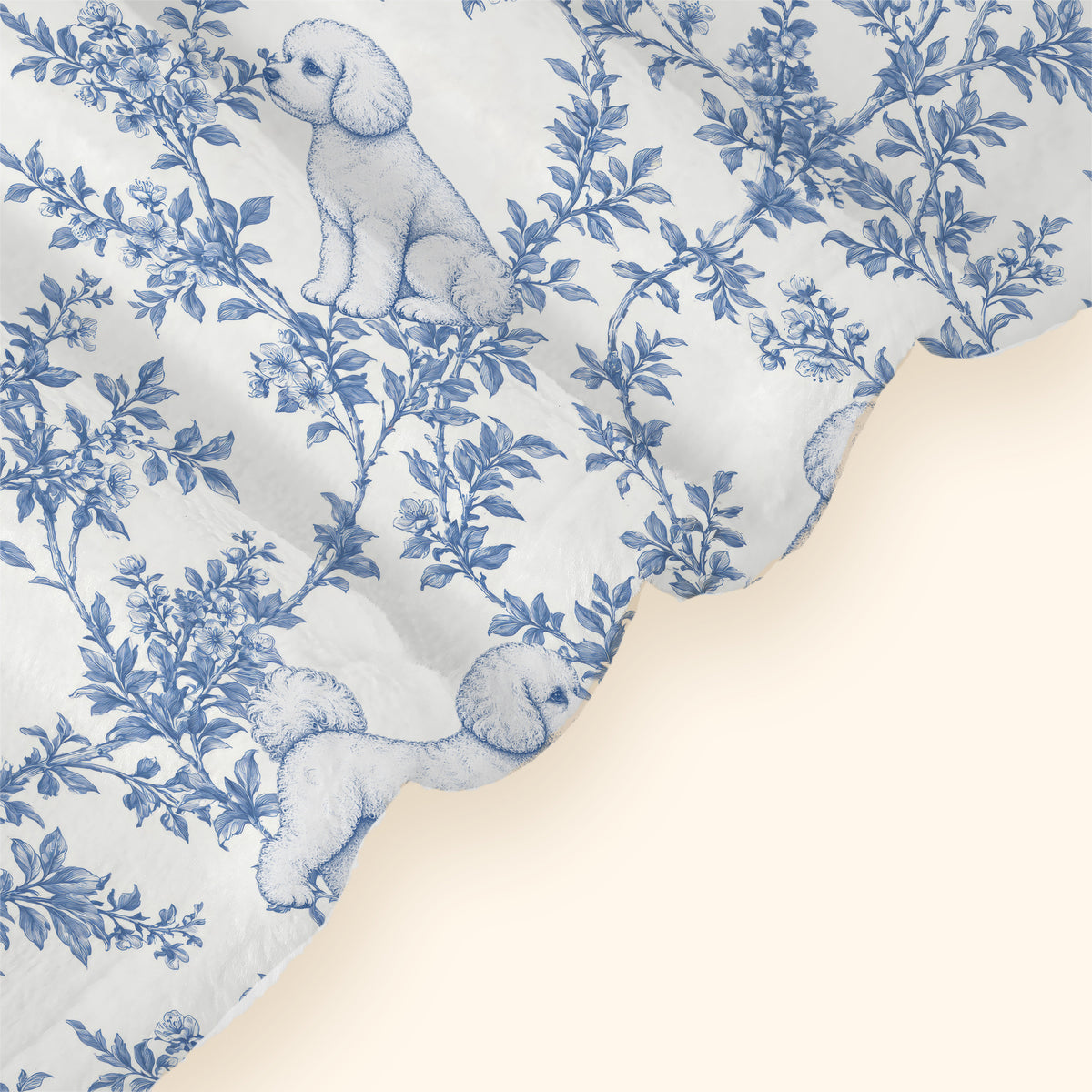 Bichon Frise toile de Jouy blanket - Blue Blanket Hem Closeup