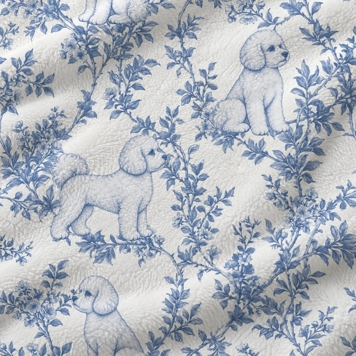 Bichon Frise toile de Jouy blanket - Blue Blanket Fabric Closeup