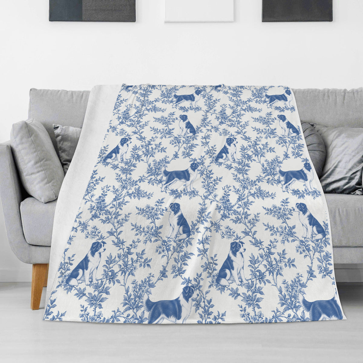 Border Collie toile de Jouy blanket - Blue Blanket Sofa