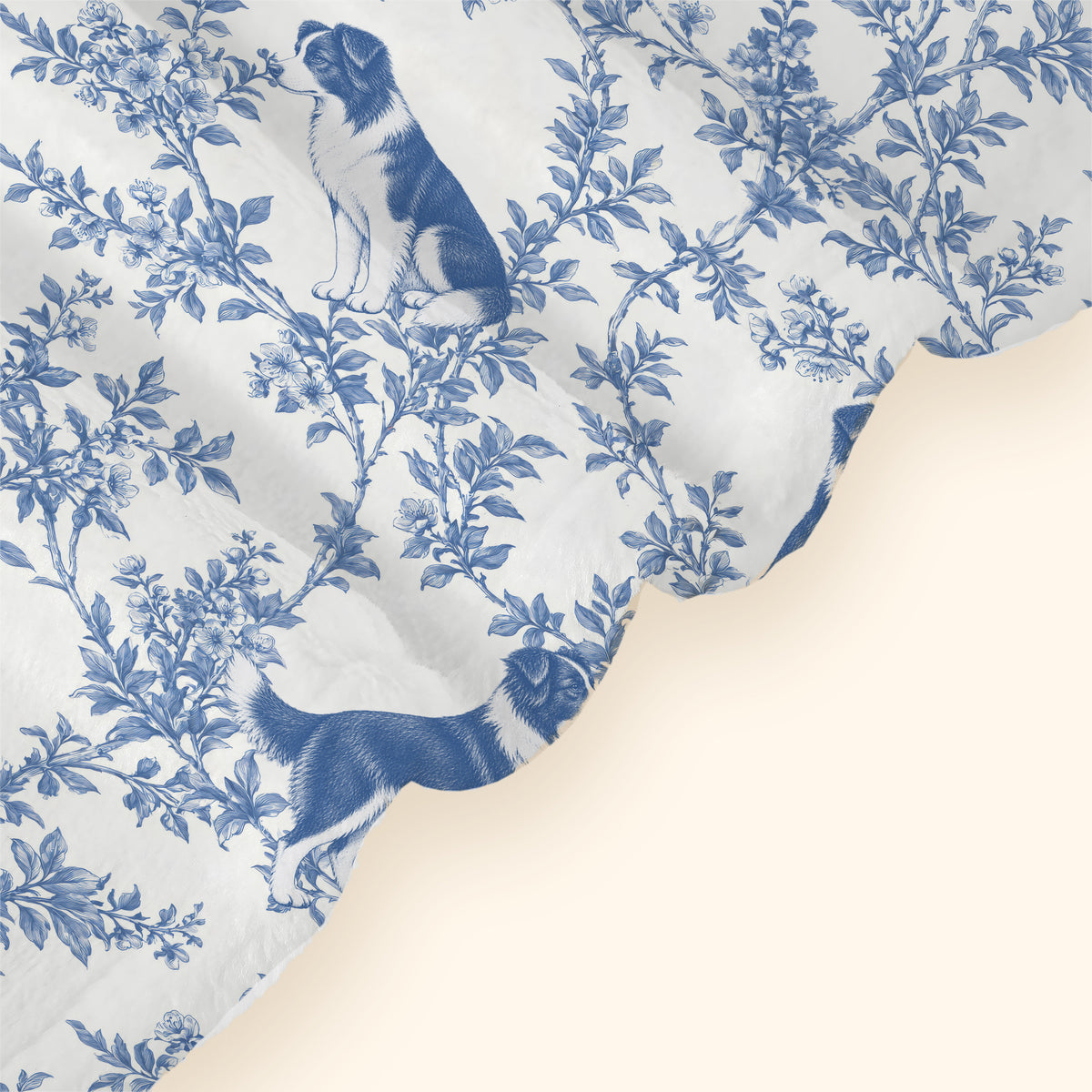 Border Collie toile de Jouy blanket - Blue Blanket Hem Closeup