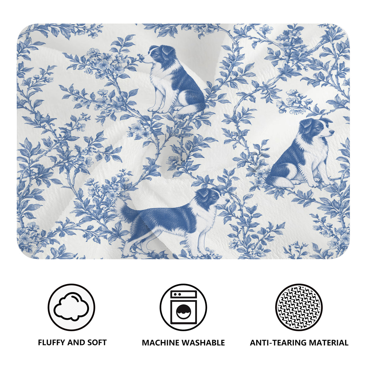 Border Collie toile de Jouy blanket - Blue Blanket Features