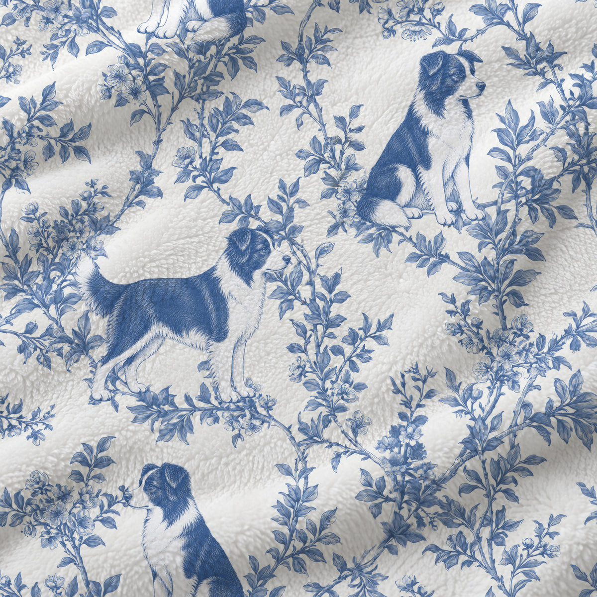 Border Collie toile de Jouy blanket - Blue Blanket Fabric Closeup