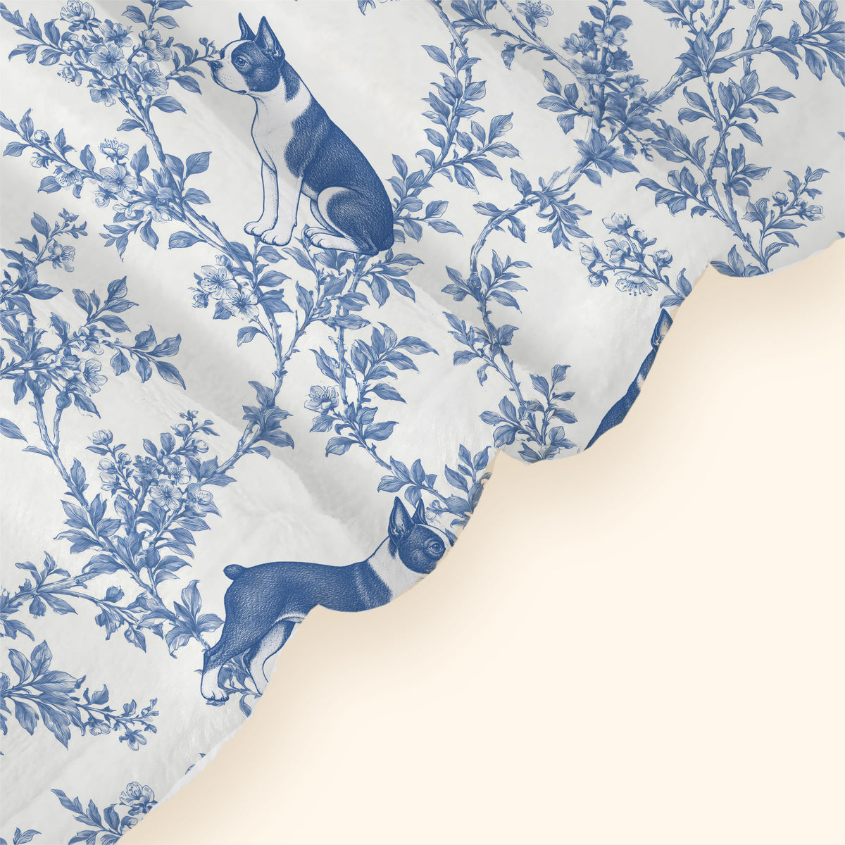 Boston Terrier toile de Jouy blanket - Blue Blanket Hem Closeup