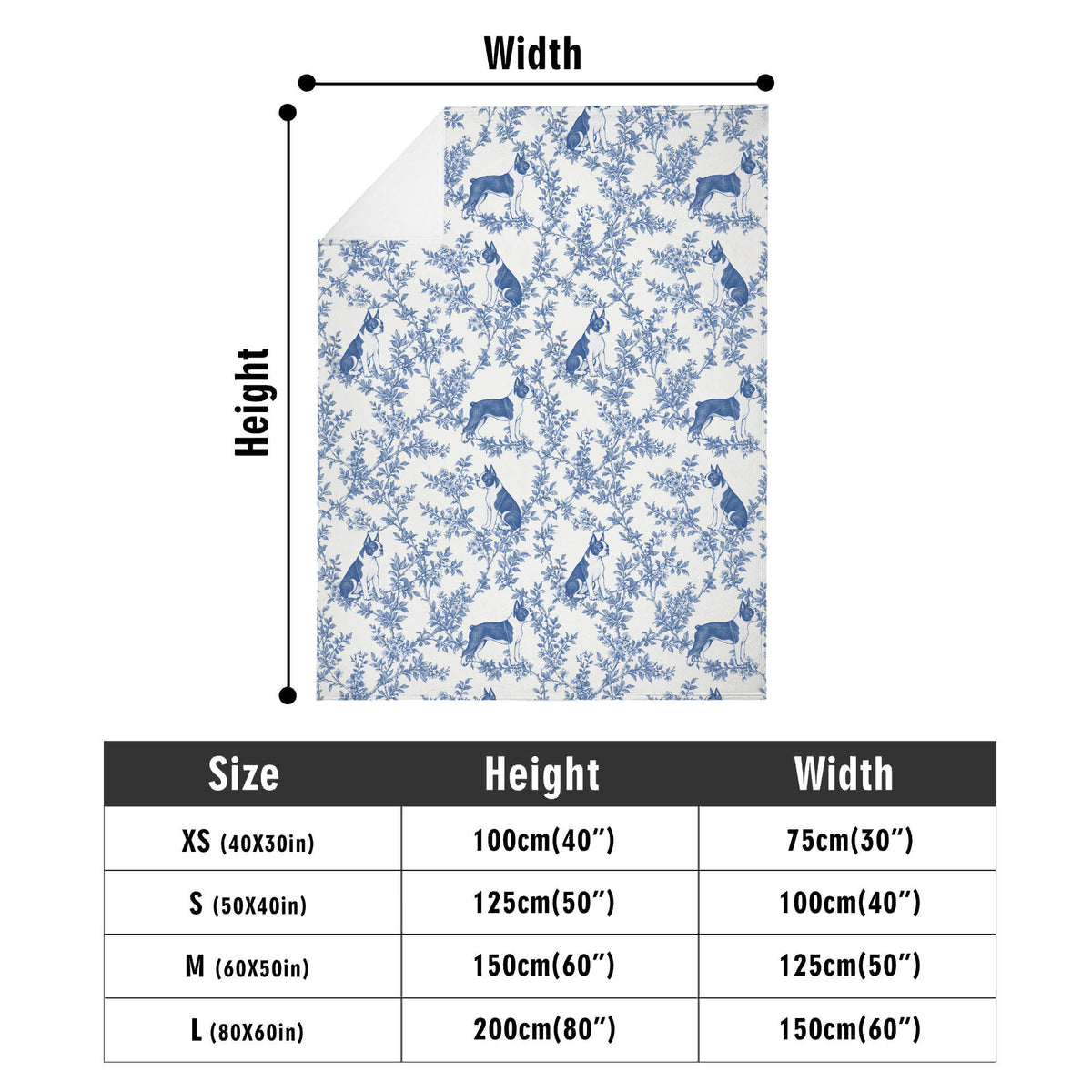 Boston Terrier toile de Jouy blanket - Blue Blanket Size Chart