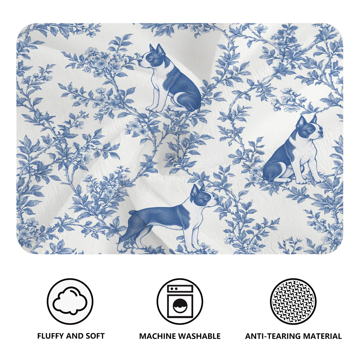 Boston Terrier toile de Jouy blanket - Blue Blanket Features