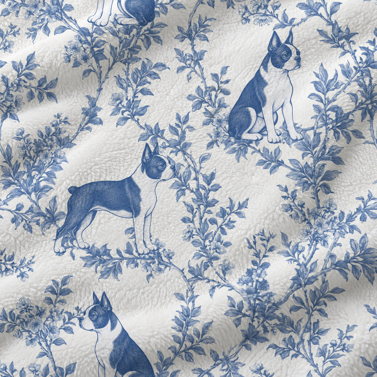 Boston Terrier toile de Jouy blanket - Blue Blanket Fabric Closeup