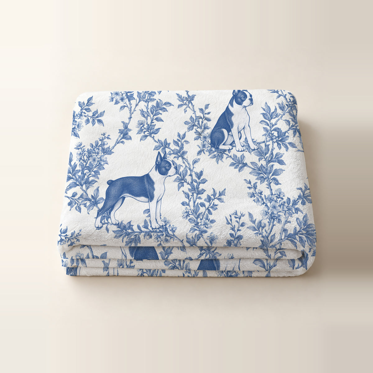 Boston Terrier toile de Jouy blanket - Blue Blanket Folded Studio