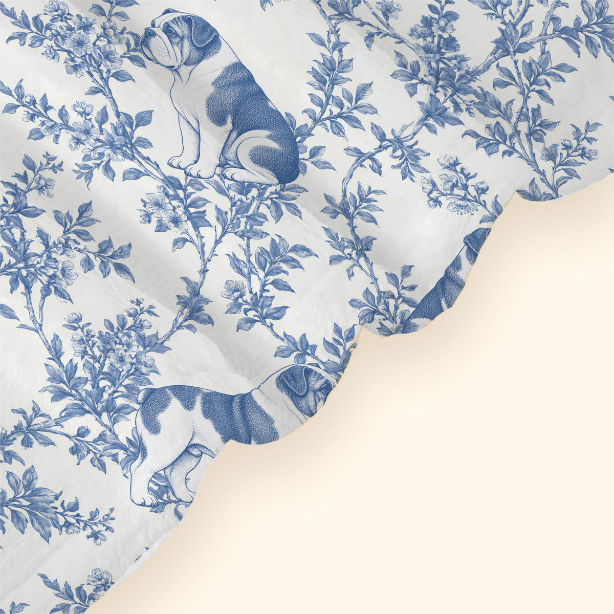 Bulldog toile de Jouy blanket - Blue Blanket Hem Closeup