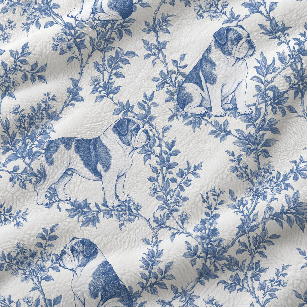 Bulldog toile de Jouy blanket - Blue Blanket Fabric Closeup