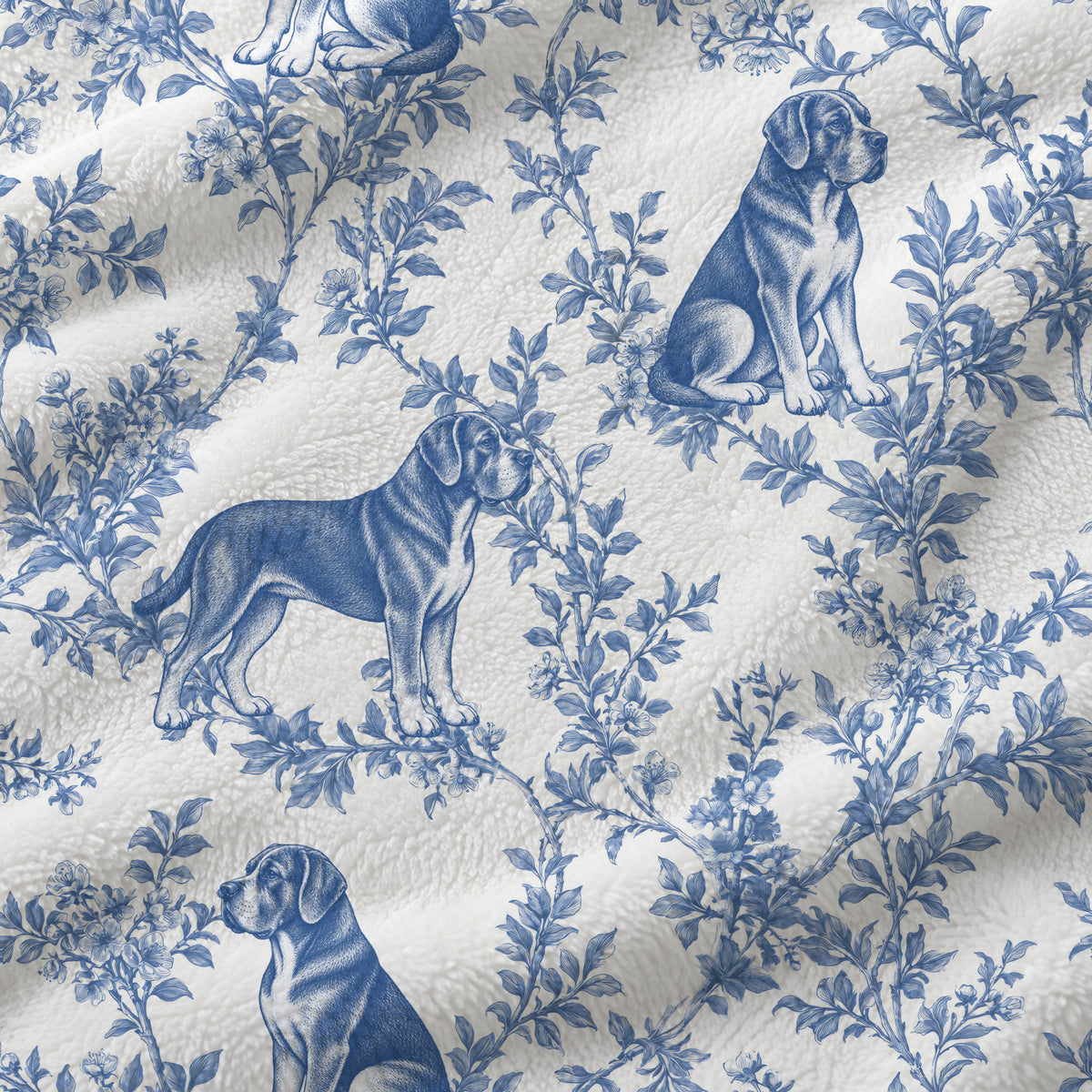 Cane Corso toile de Jouy blanket - Blue Blanket Fabric Closeup