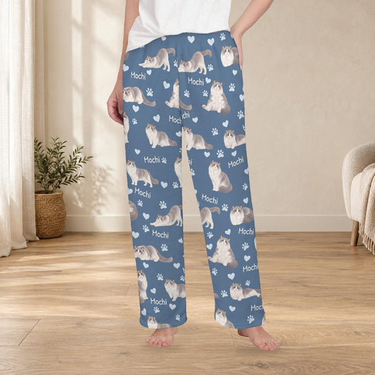 Ragdoll personalized fleece pajama trousers on a model; women's fit, front view. Cozy neutral room background.