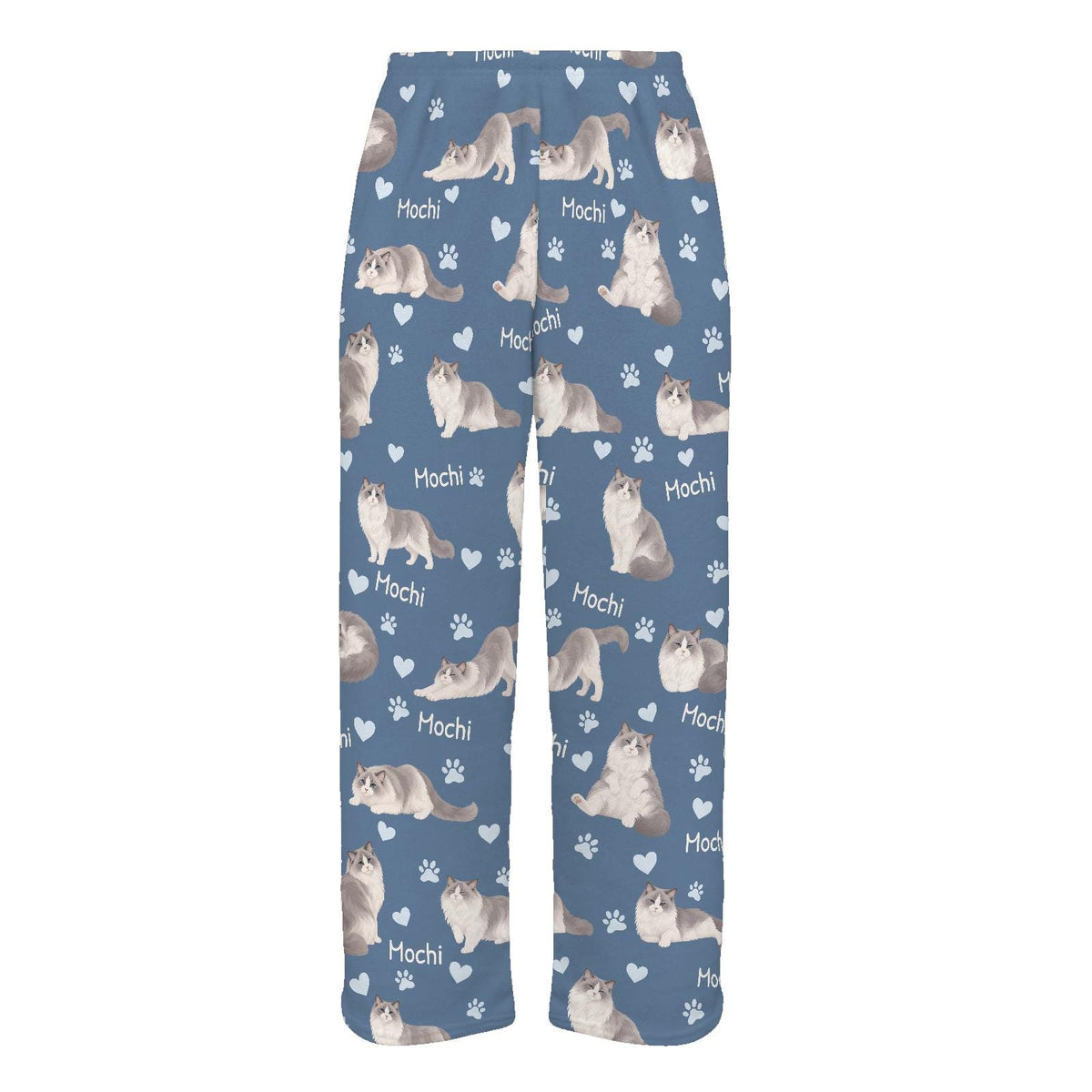 Ragdoll personalized pet name fleece pajama trousers, flat front view.