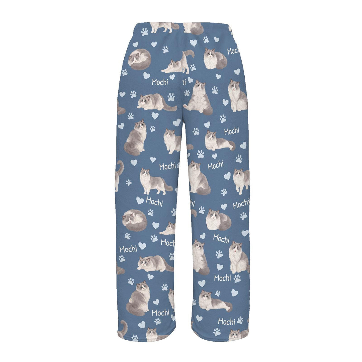 Ragdoll personalized pet name fleece pajama trousers, flat back view.