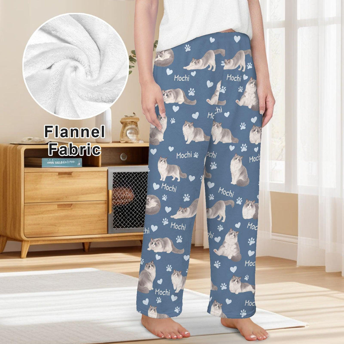 Ragdoll personalized pet name fleece pajama trousers, front lifestyle view.