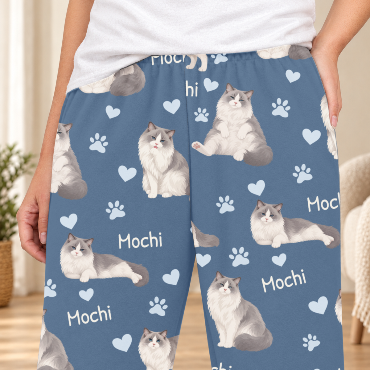 Ragdoll personalized fleece pajama close-up showing breed artwork and example pet name