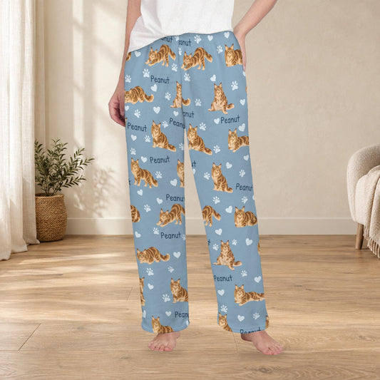 Maine Coon personalized fleece pajama trousers on a model; women's fit, front view. Cozy neutral room background.