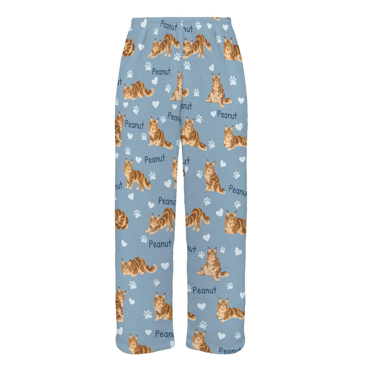 Maine Coon personalized pet name fleece pajama trousers, flat front view.