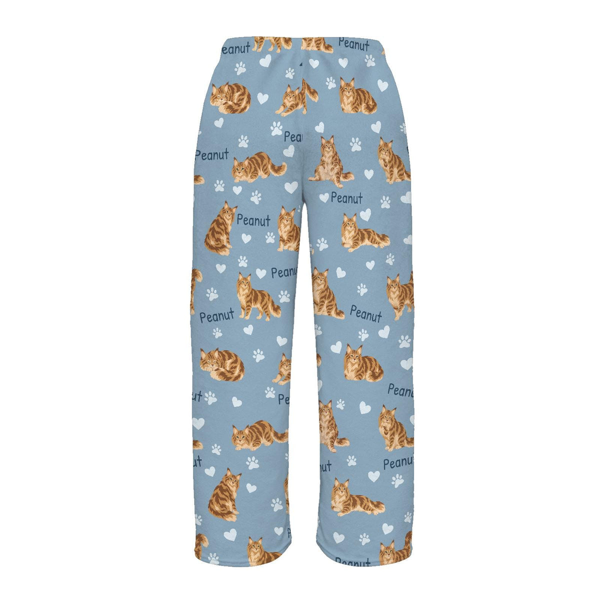 Maine Coon personalized pet name fleece pajama trousers, flat back view.
