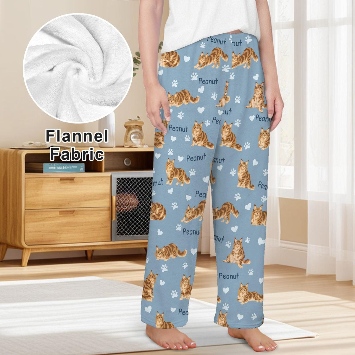 Maine Coon personalized pet name fleece pajama trousers, front lifestyle view.