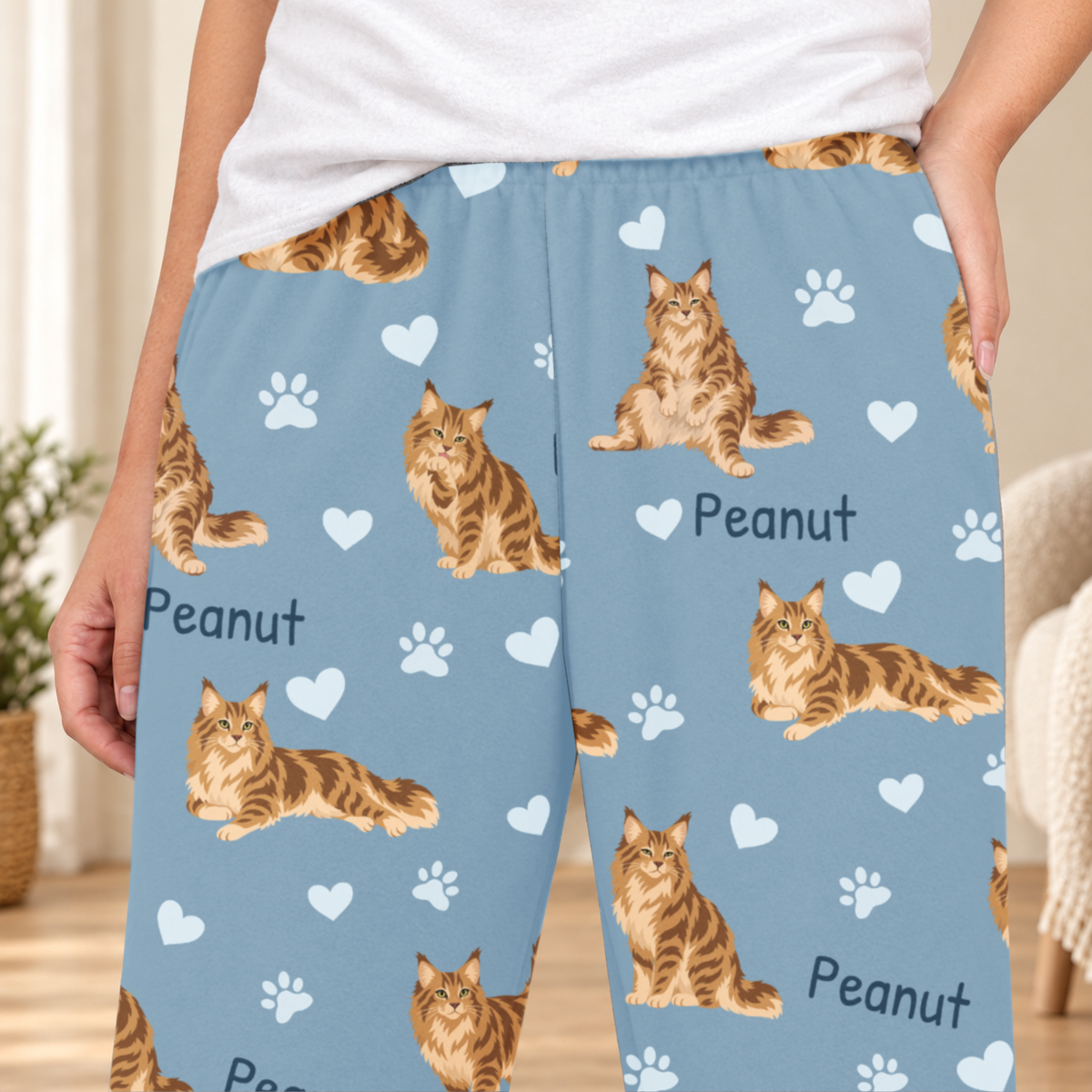 Maine Coon personalized fleece pajama close-up showing breed artwork and example pet name