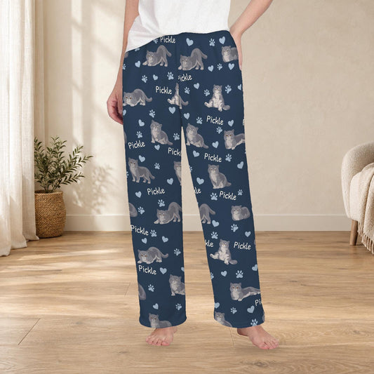 Exotic Shorthair personalized fleece pajama trousers on a model; women's fit, front view. Cozy neutral room background.
